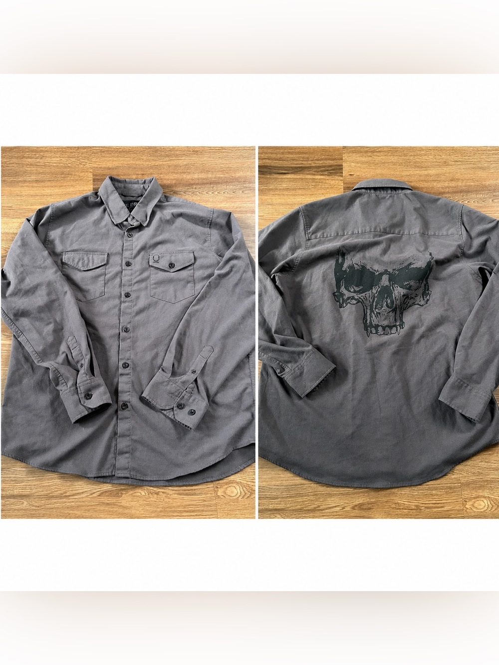The Drive Clothing Long Sleeve Shirt Button Up Gray  Men XL Skull‎ Logo Grunge